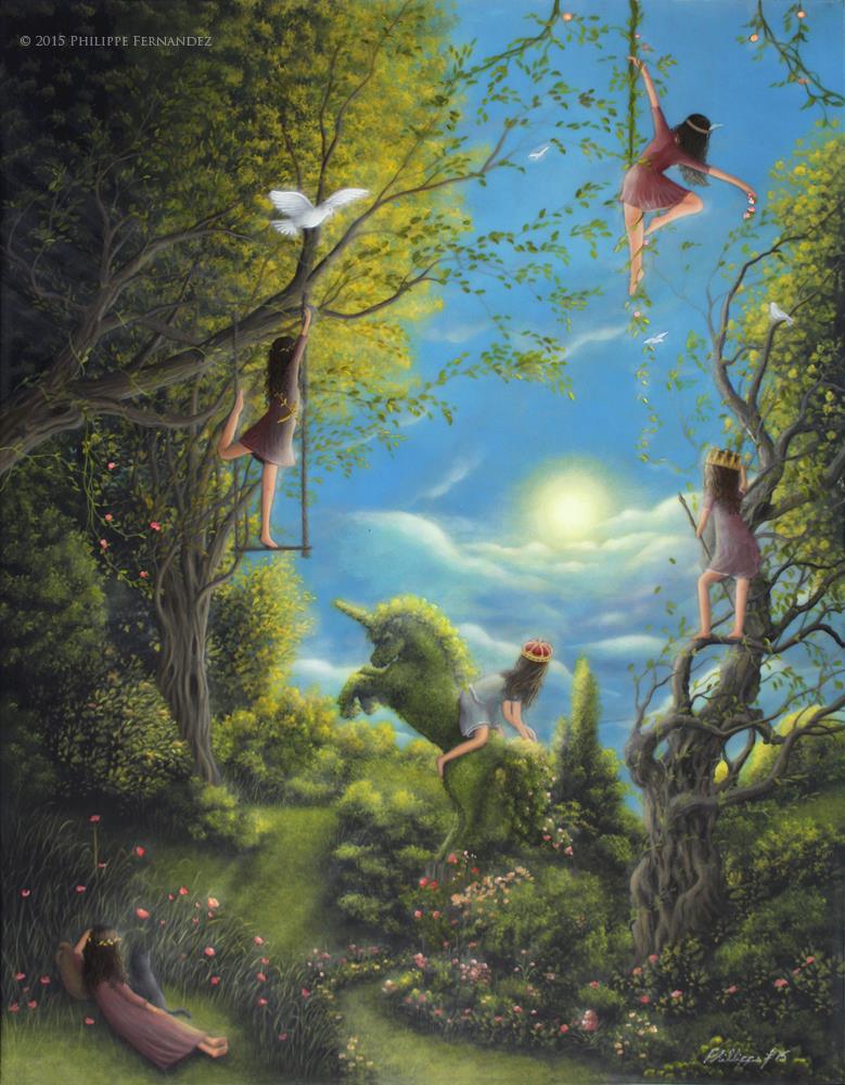 "Children of the Sun" Original Painting by fantasy fairy tale landscape artist Philippe Fernandez