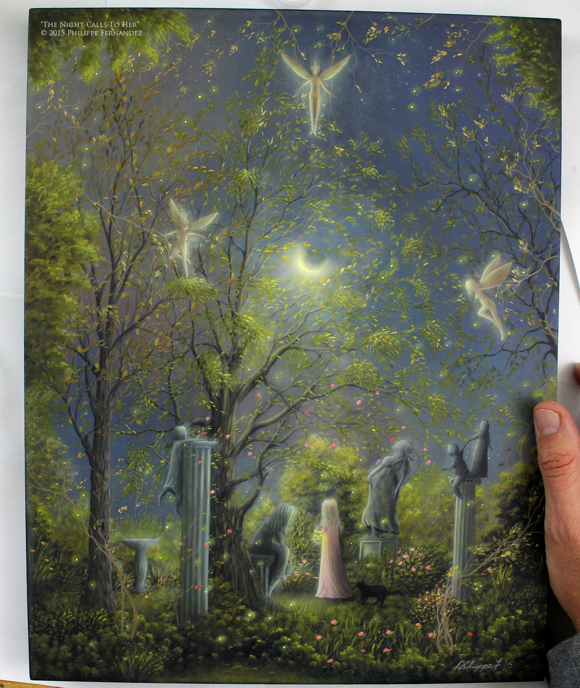 "The Night Calls to Her" Original painting by fantasy fairy tale landscape artist Philippe Fernandez