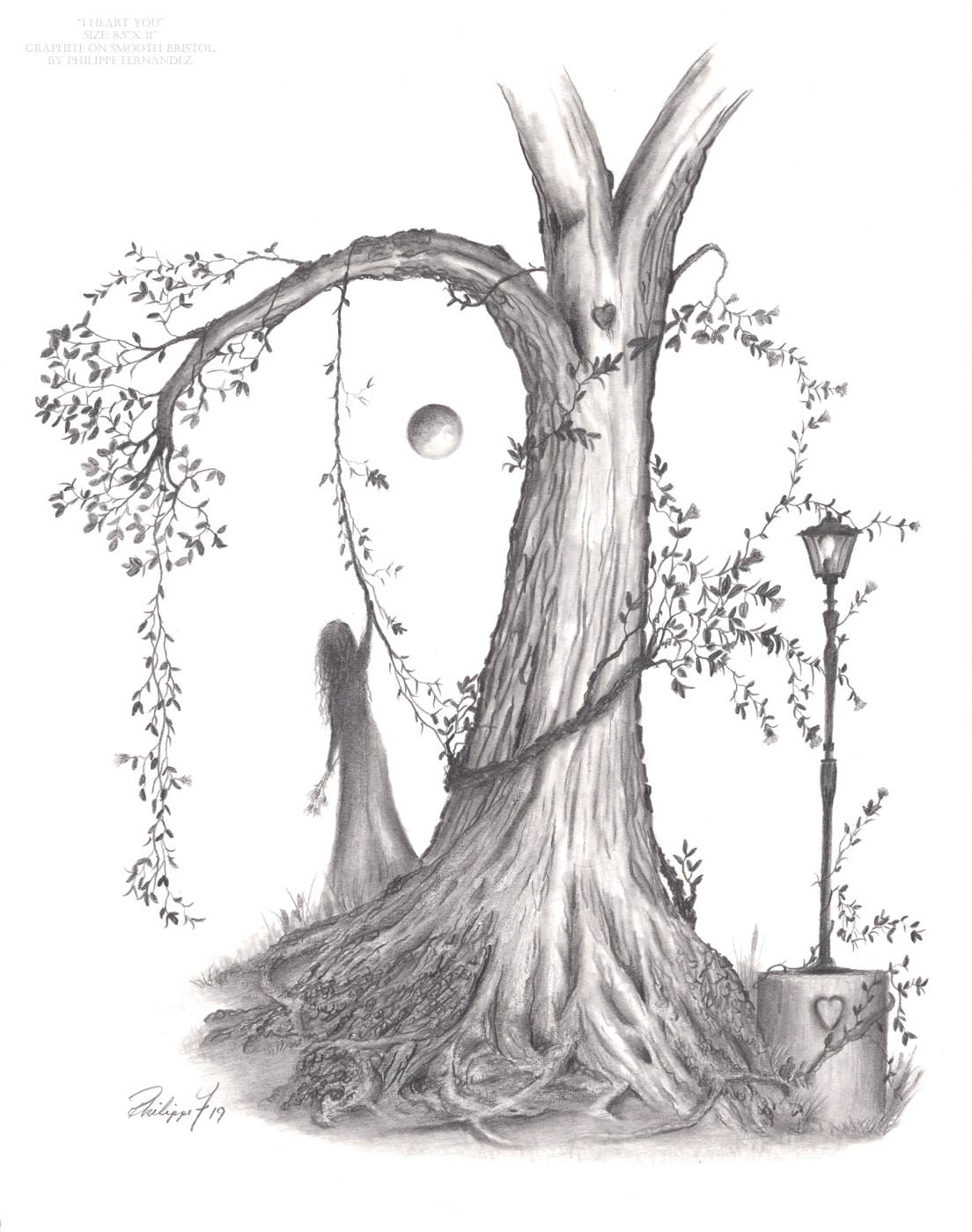 "I Heart you" Original Drawing by fantasy fairy tale landscape artist Philippe Fernandez