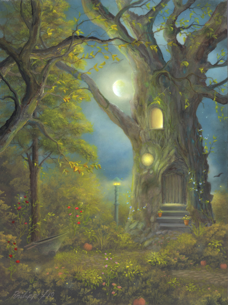 "Enchanted Abode" Original painting by fantasy fairy tale landscape artist Philippe Fernandez