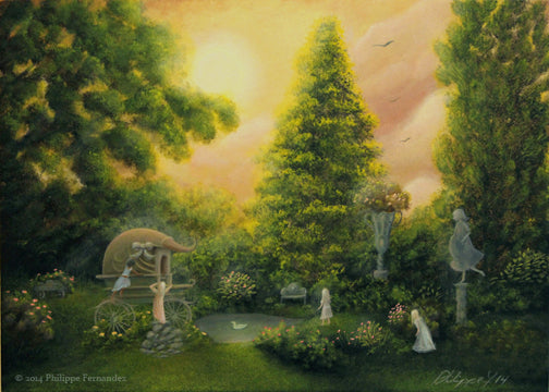 "Playing Cinderella" Original painting by fantasy fairy tale landscape artist Philippe Fernandez