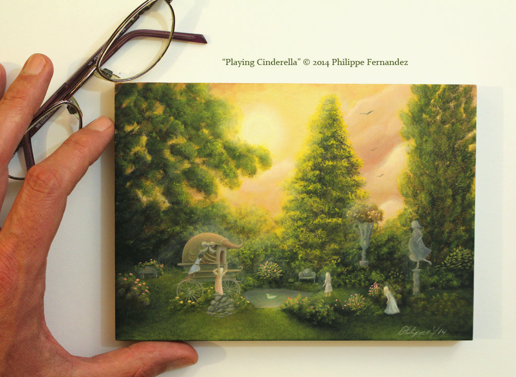 "Playing Cinderella" Original painting by fantasy fairy tale landscape artist Philippe Fernandez
