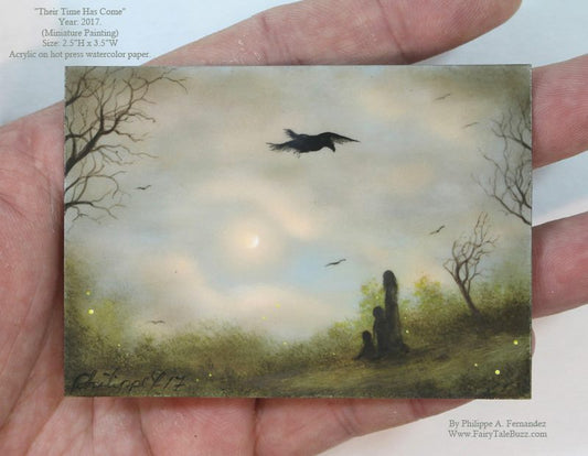 "Thier Time Has Come" Original ACEO painting by fantasy fairy tale landscape artist Philippe Fernandez