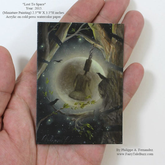 "Lost to Space" Original ACEO painting by fantasy fairy tale landscape artist Philippe Fernandez