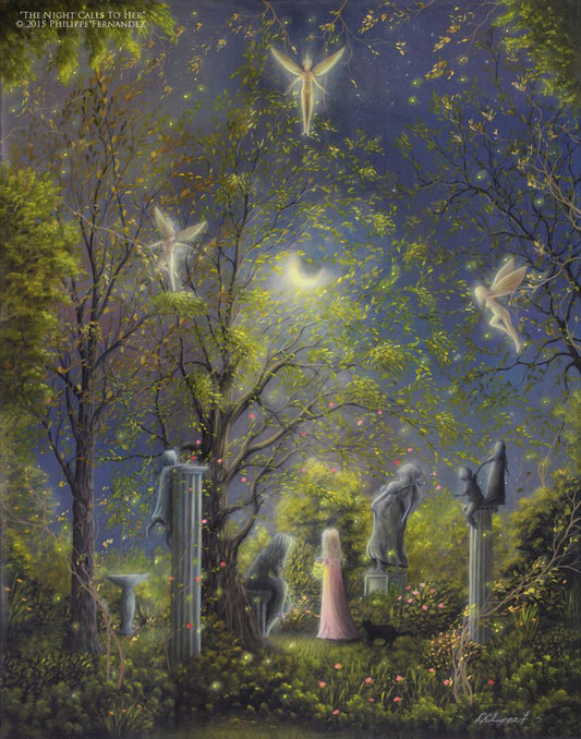 "The Night Calls to Her" Original painting by fantasy fairy tale landscape artist Philippe Fernandez