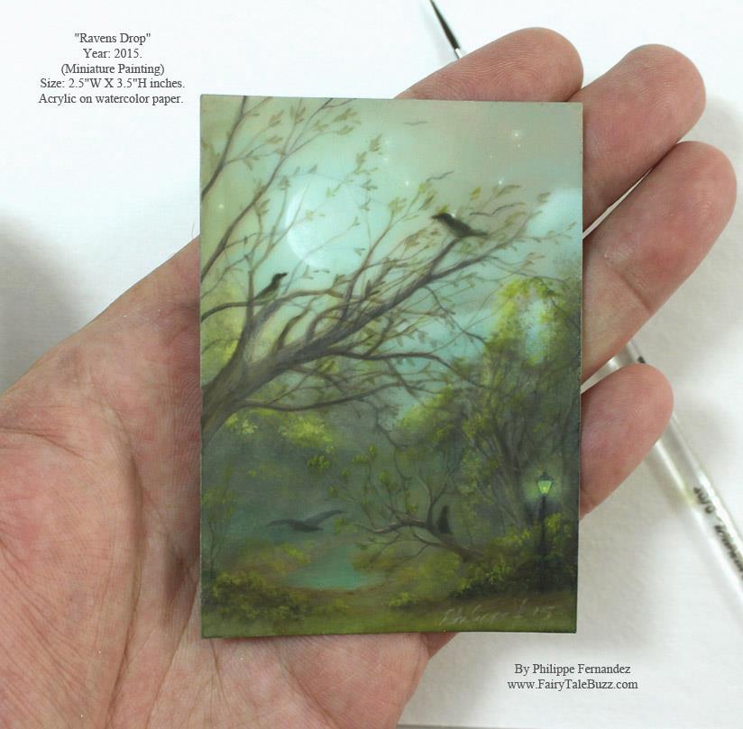 "Ravens Drop" Original ACEO painting by fantasy fairy tale landscape artist Philippe Fernandez