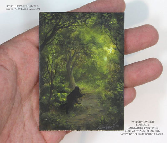 "Witchy Twitch" Original ACEO painting by fantasy fairy tale landscape artist Philippe Fernandez