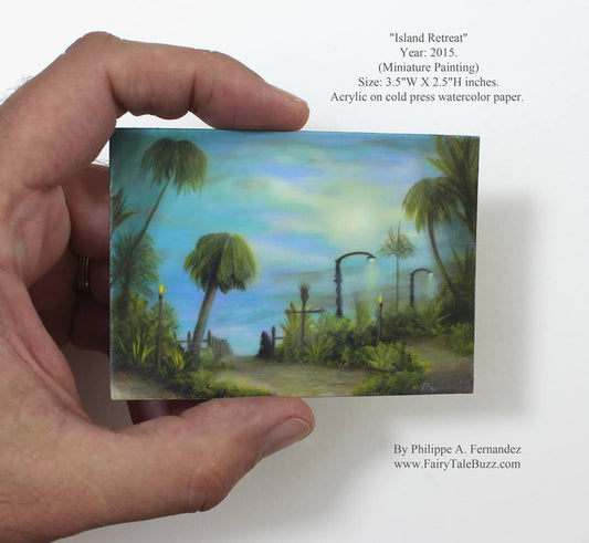 "Island Retreat" Original ACEO painting by fantasy fairy tale landscape artist Philippe Fernandez